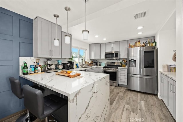 kitchen featuring appliances with stainless steel finishes, a sink, light wood finished floors, a peninsula, and visible vents