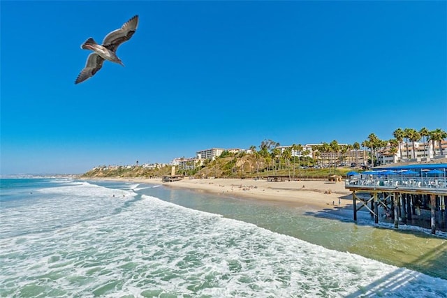view of home's community with a water view and a view of the beach
