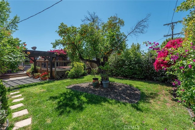 view of yard featuring a wooden deck