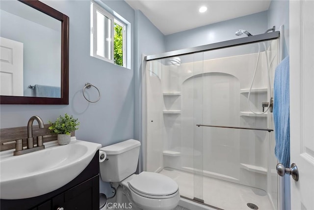 bathroom featuring toilet, a shower stall, and vanity
