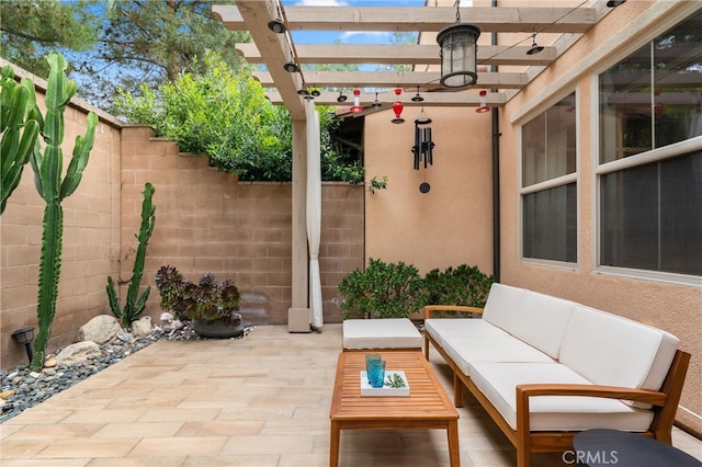 112 Gemstone, Irvine, CA 92620 - view of patio featuring an outdoor living space, fence, and a pergola