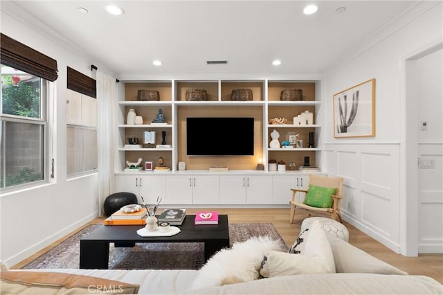 112 Gemstone, Irvine, CA 92620 - living room featuring crown molding, baseboards, light wood-style floors, and recessed lighting