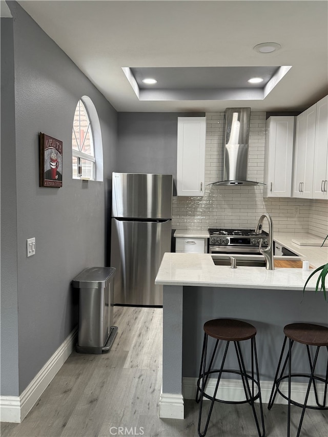kitchen featuring stainless steel appliances, tasteful backsplash, baseboards, a tray ceiling, and wall chimney exhaust hood
