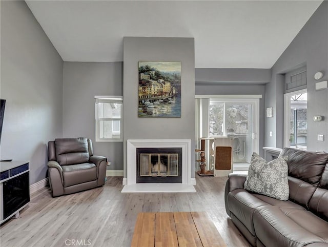 25081 Leucadia St Unit F, Laguna Niguel, CA 92677 - living area featuring wood finished floors, a glass covered fireplace, baseboards, and lofted ceiling