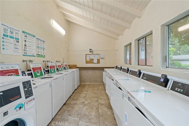 985 S Idaho St Unit 46, La Habra, CA 90631 - community laundry room featuring separate washer and dryer, wooden ceiling, and a towering ceiling