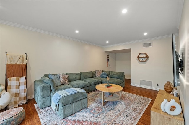 985 S Idaho St Unit 46, La Habra, CA 90631 - living room with wood finished floors, crown molding, recessed lighting, and baseboards
