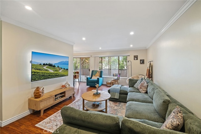 985 S Idaho St Unit 46, La Habra, CA 90631 - living area with crown molding, dark wood-style flooring, recessed lighting, and baseboards