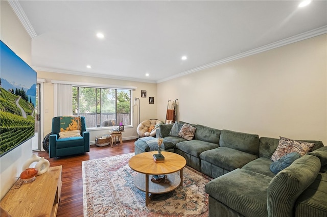 985 S Idaho St Unit 46, La Habra, CA 90631 - living room with recessed lighting, dark wood-type flooring, and crown molding