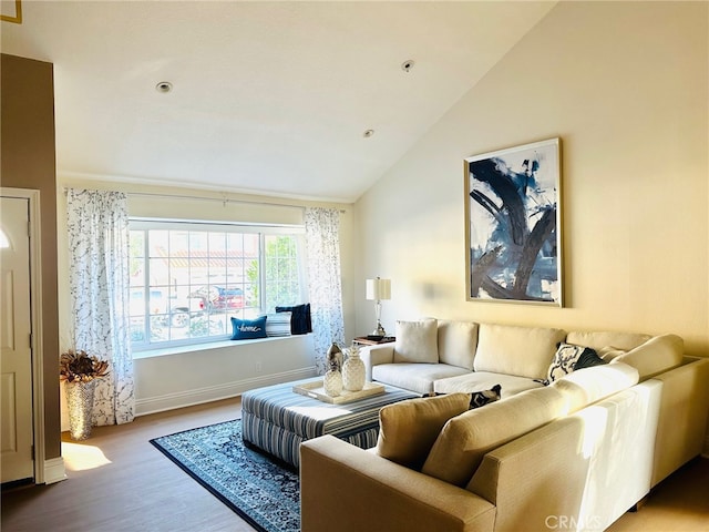 living area featuring vaulted ceiling and wood finished floors