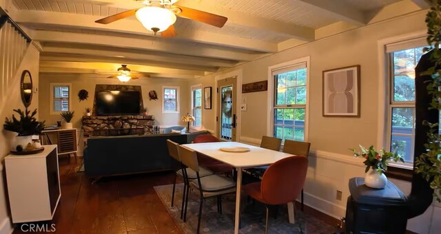 810 Lake Dr, Lake Arrowhead, CA 92352 - dining room with ceiling fan, dark wood-type flooring, beamed ceiling, and wainscoting