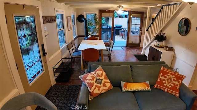 810 Lake Dr, Lake Arrowhead, CA 92352 - dining area featuring stairway and a ceiling fan