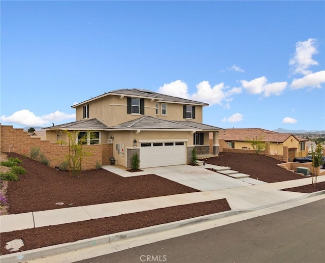 31768 Constellation Dr, Menifee, CA 92586 - traditional-style house with stucco siding, concrete driveway, solar panels, fence, and a porch