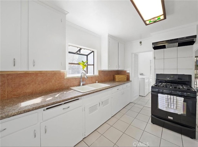 1745 College View Pl, Los Angeles, CA 90041 - kitchen featuring washing machine and clothes dryer, a sink, gas stove, range hood, and ornamental molding