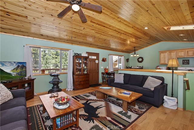 living area featuring light wood-type flooring, ceiling fan, vaulted ceiling with skylight, and wooden ceiling