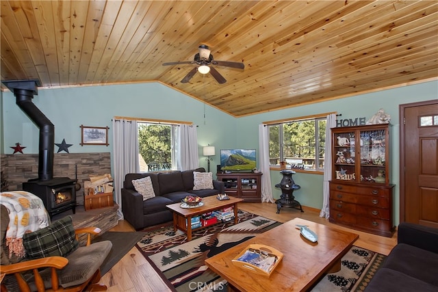 living room with plenty of natural light, a wood stove, wood ceiling, and lofted ceiling