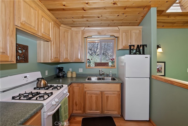 kitchen featuring a sink, dark countertops, white appliances, and wooden ceiling