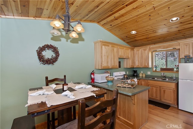 kitchen with wood ceiling, a chandelier, a sink, lofted ceiling, and white appliances