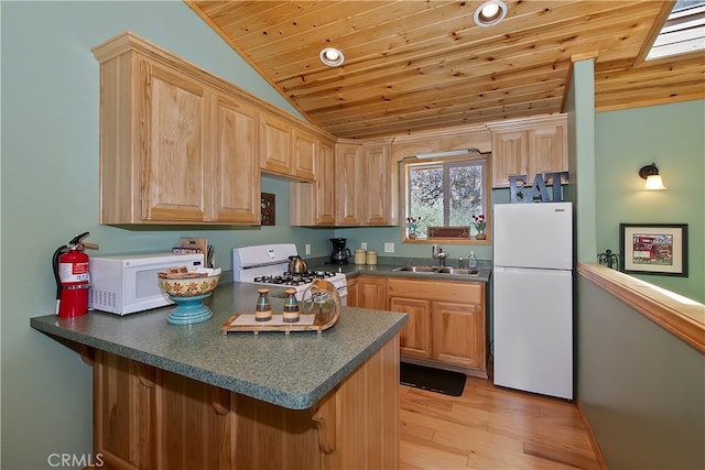 kitchen with a sink, light brown cabinetry, and white appliances