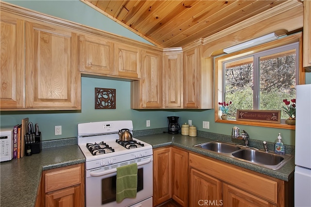 kitchen featuring dark countertops, a sink, wooden ceiling, lofted ceiling, and white appliances