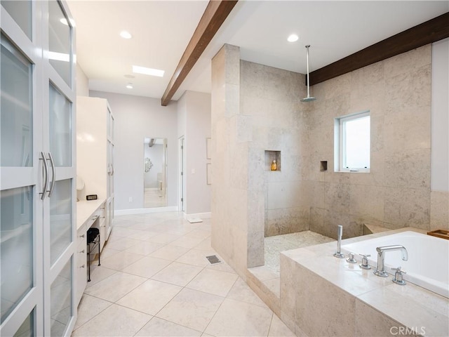 bathroom featuring tiled shower, a bath, tile patterned flooring, beamed ceiling, and recessed lighting