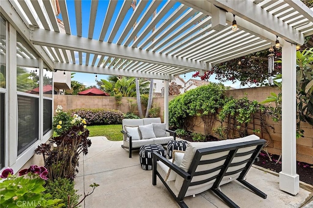 view of patio / terrace featuring an outdoor hangout area, a pergola, and a fenced backyard