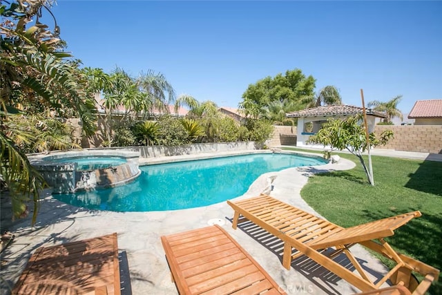 view of swimming pool featuring a patio, a fenced backyard, a pool with connected hot tub, and a gazebo