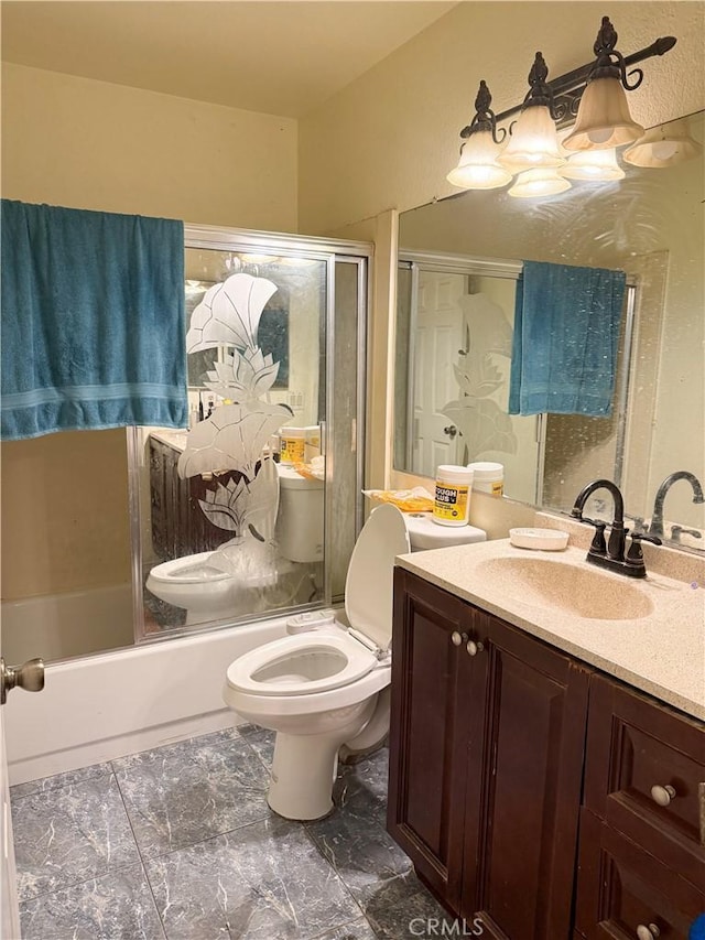 bathroom with toilet, bath / shower combo with glass door, marble finish floor, and vanity