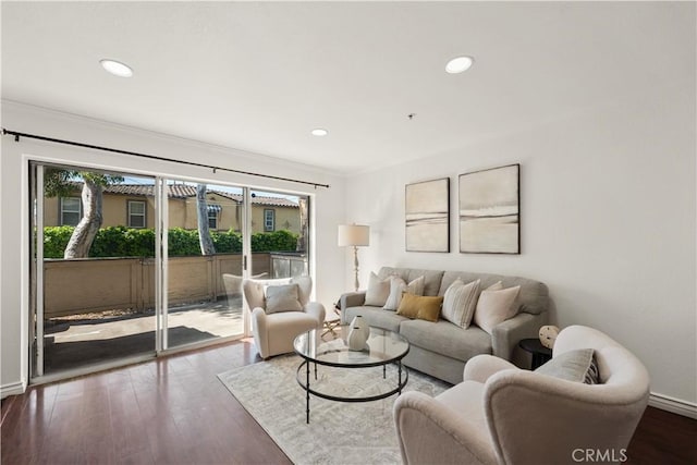 12584 Atwood Ct Unit 1215, Rancho Cucamonga, CA 91739 - living room with wood finished floors, baseboards, recessed lighting, and ornamental molding