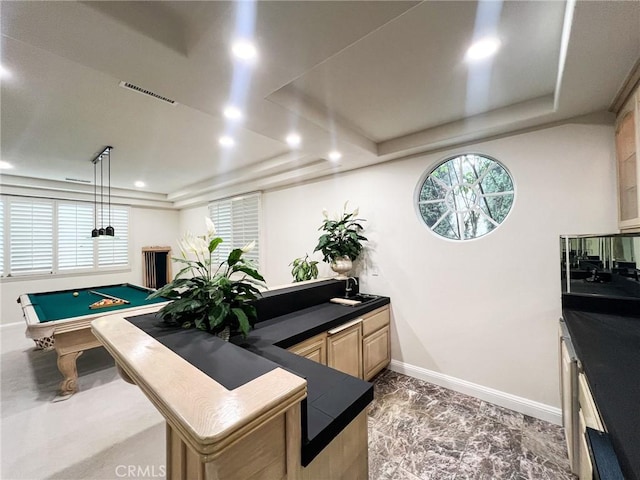 6926 Orozco Dr, Riverside, CA 92506 - interior space featuring billiards, visible vents, a raised ceiling, baseboards, and recessed lighting