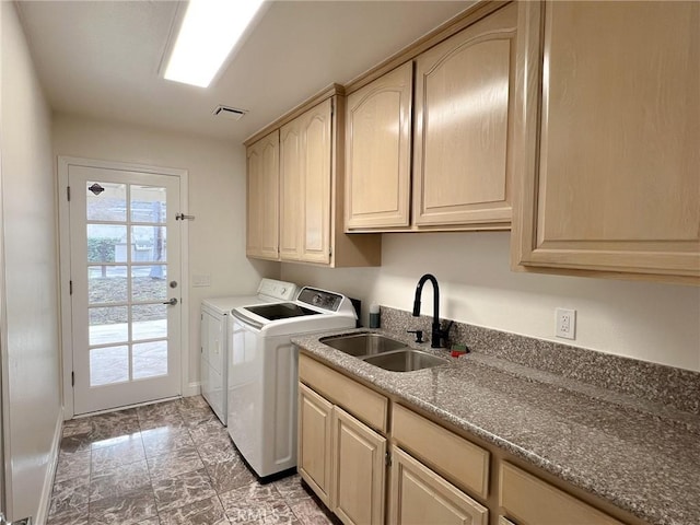 6926 Orozco Dr, Riverside, CA 92506 - washroom with visible vents, marble finish floor, washer and clothes dryer, a sink, and cabinet space