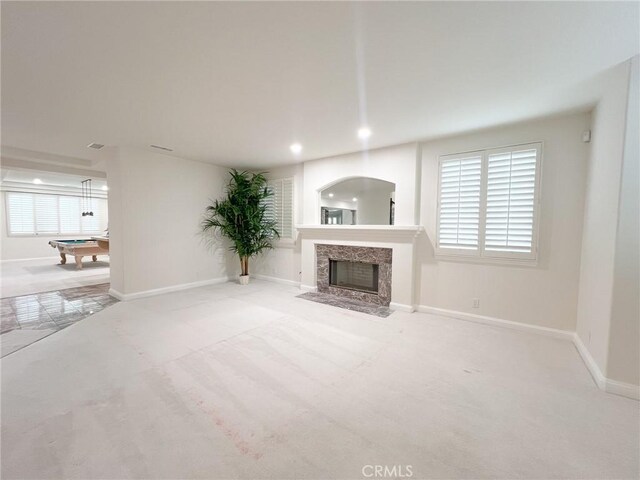 6926 Orozco Dr, Riverside, CA 92506 - unfurnished living room with carpet floors, a premium fireplace, recessed lighting, baseboards, and billiards