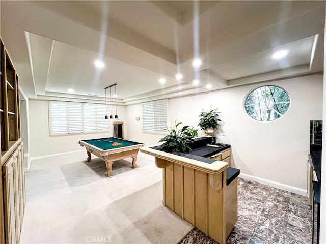 6926 Orozco Dr, Riverside, CA 92506 - rec room featuring recessed lighting, billiards, a raised ceiling, and baseboards