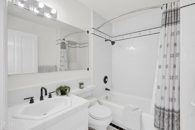 full bathroom with toilet, shower / bath combination with curtain, and vanity