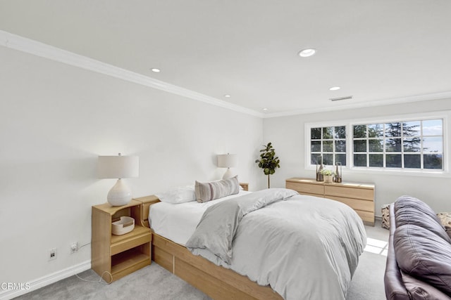 carpeted bedroom featuring visible vents, recessed lighting, baseboards, and crown molding