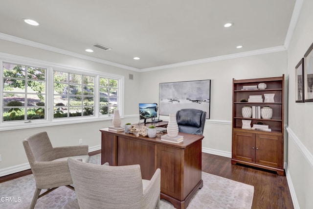 home office featuring crown molding, recessed lighting, visible vents, and dark wood-style floors