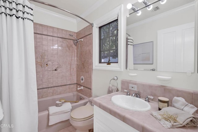 bathroom with crown molding, toilet, visible vents, and shower / bathtub combination with curtain