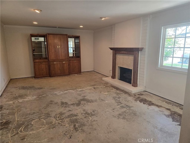 13511 Epping Way, Tustin, CA 92780 - unfurnished living room featuring a fireplace with raised hearth, baseboards, crown molding, and recessed lighting