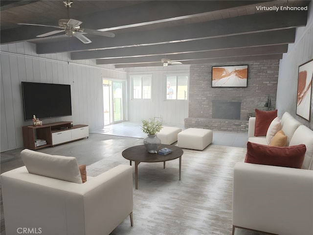 13511 Epping Way, Tustin, CA 92780 - living area featuring ceiling fan, beam ceiling, wood finished floors, and a brick fireplace
