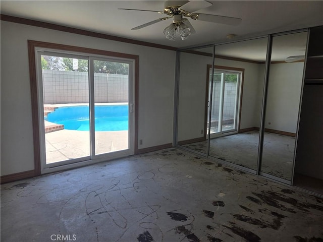 13511 Epping Way, Tustin, CA 92780 - unfurnished bedroom featuring access to outside, baseboards, ceiling fan, and ornamental molding