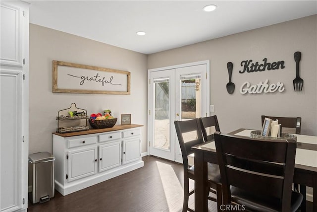 dining space featuring recessed lighting, dark wood-style floors, and french doors