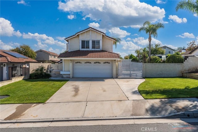 traditional home with a front lawn, a garage, a gate, a tiled roof, and driveway