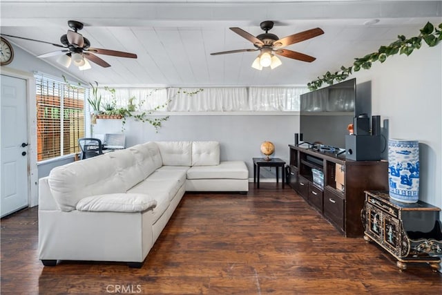 living area with ceiling fan and wood finished floors