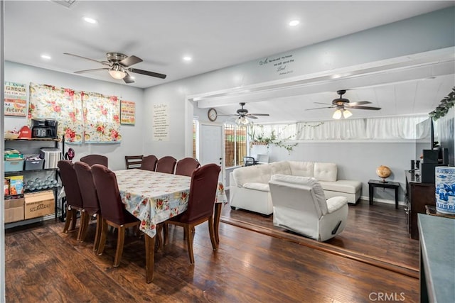 dining space featuring recessed lighting, ceiling fan, and dark wood finished floors
