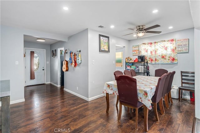dining room with baseboards, ceiling fan, recessed lighting, and visible vents
