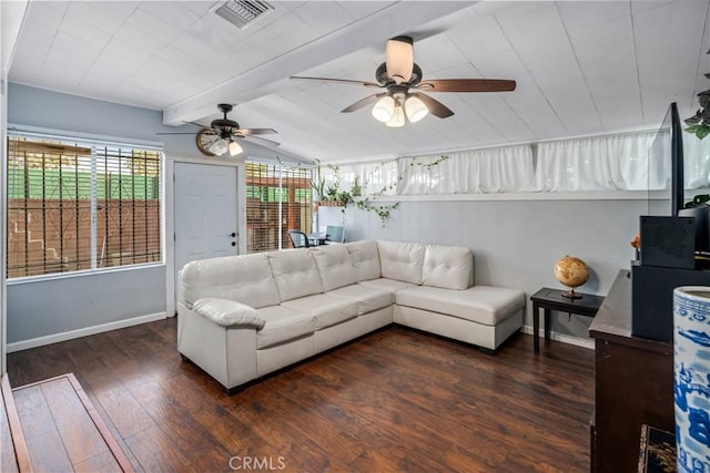 living room featuring visible vents, wood finished floors, baseboards, ceiling fan, and lofted ceiling with beams