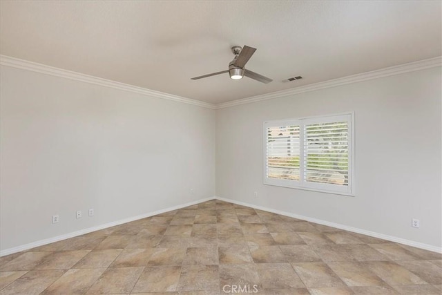 unfurnished room with ceiling fan, visible vents, ornamental molding, and baseboards