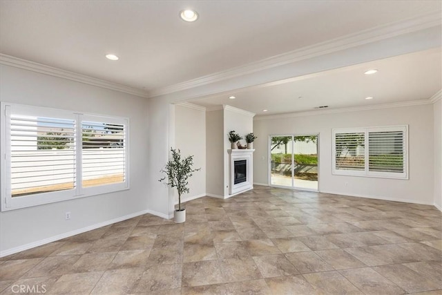 unfurnished living room with crown molding, baseboards, a fireplace, and recessed lighting