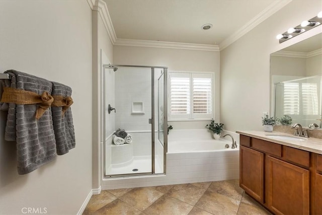 full bathroom featuring a shower stall, ornamental molding, and a bath