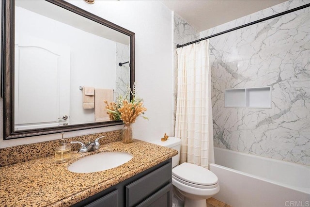 full bath featuring toilet, shower / tub combo, and vanity