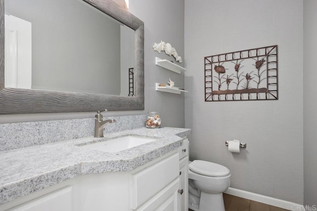 bathroom featuring vanity, wood finished floors, and toilet